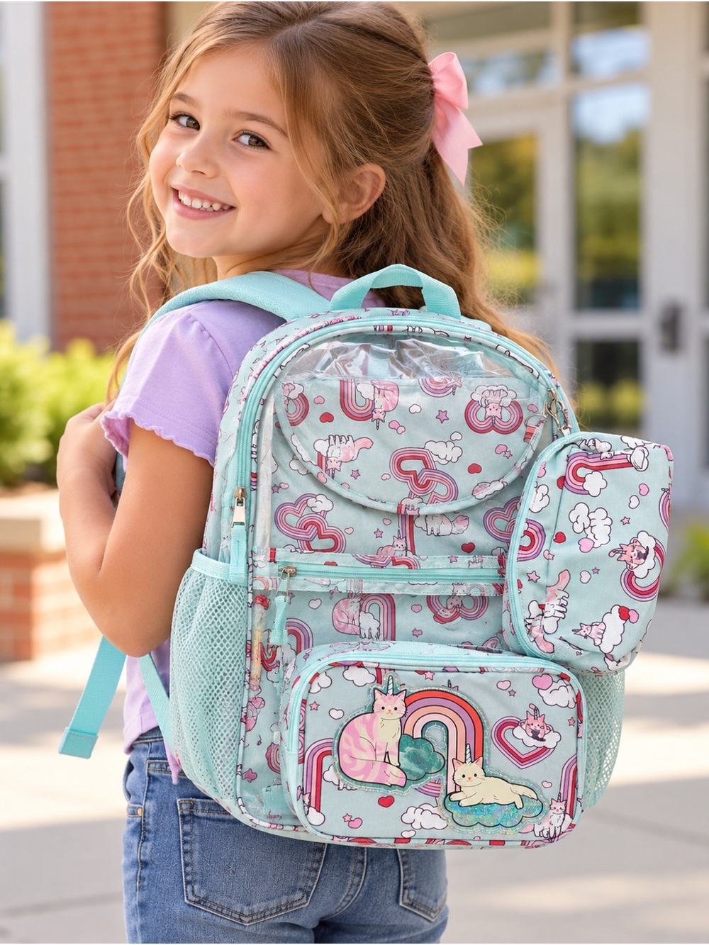NWT Girls 4-Piece Cat Rainbow Unicorn 18” Backpack Lunch Bag School Set